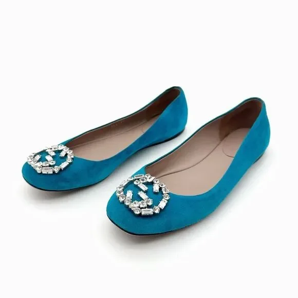 GUCCI Interlocking Crystal GG Ballet Flat Size 37 US 7 Teal Blue Suede - Picture 13 of 13